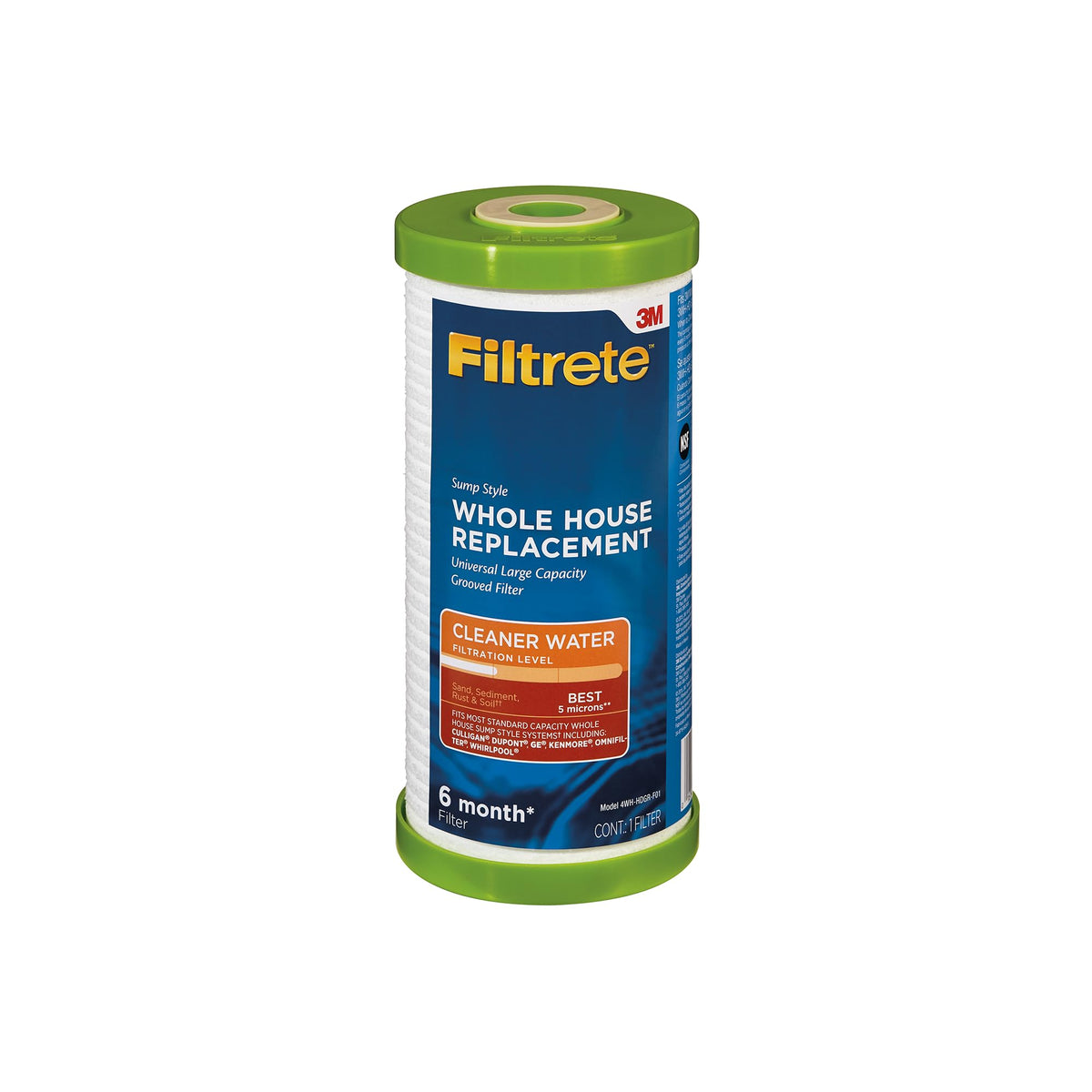 Filtrete large-capacity grooved water filter front view protects home plumbing from sediment.