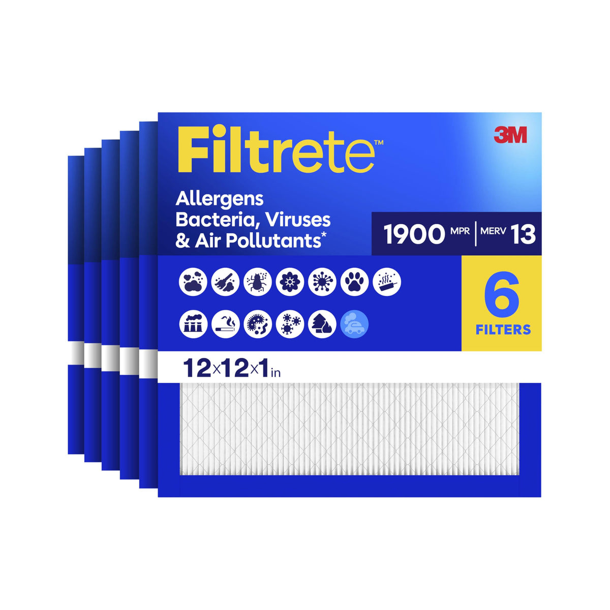 Filtrete pack-shot of 12x12x1 air filter six-pack with cleaner indoor air