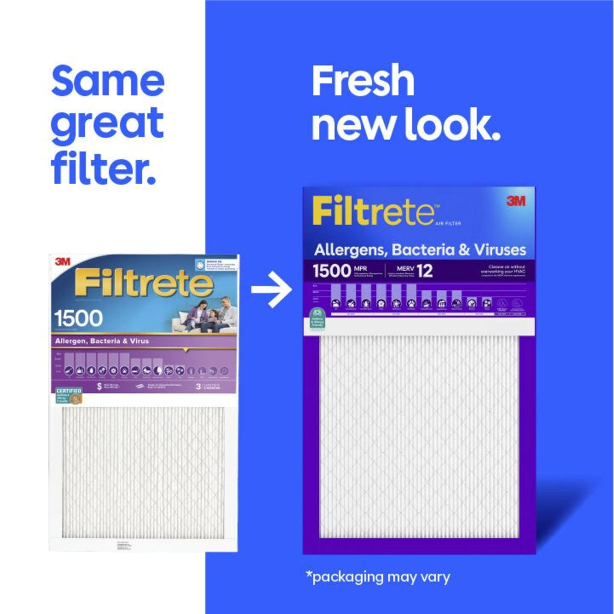 Filtrete packaging highlights MERV 12 and MPR 1500 efficiency for cleaner air.