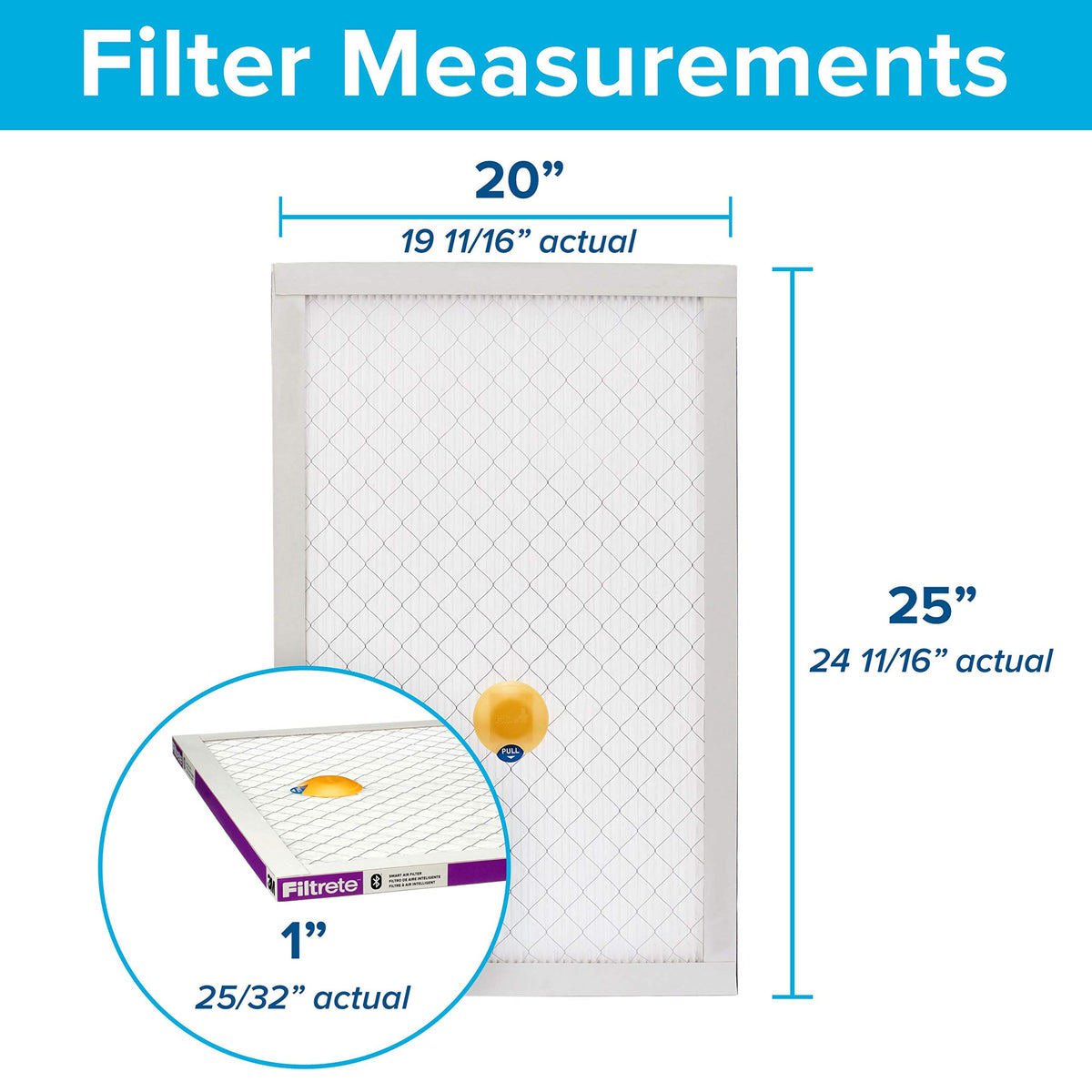 Filtrete Smart Air Filter 20x25x1 back angle highlighting packaging and dimensions
