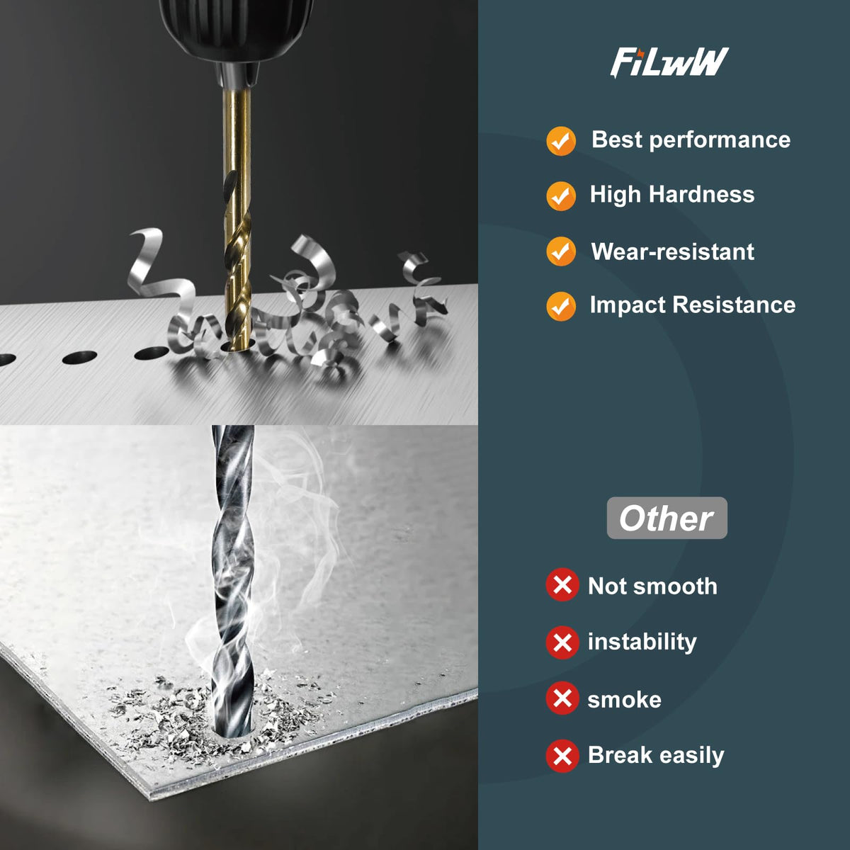 FiLwW cobalt drill cutting through stainless steel with steady performance.