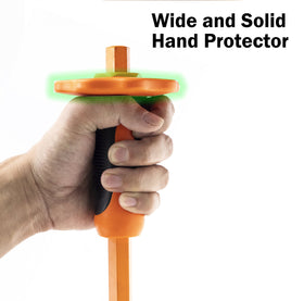 Sharpened flat chisel edge with ergonomic handguard.