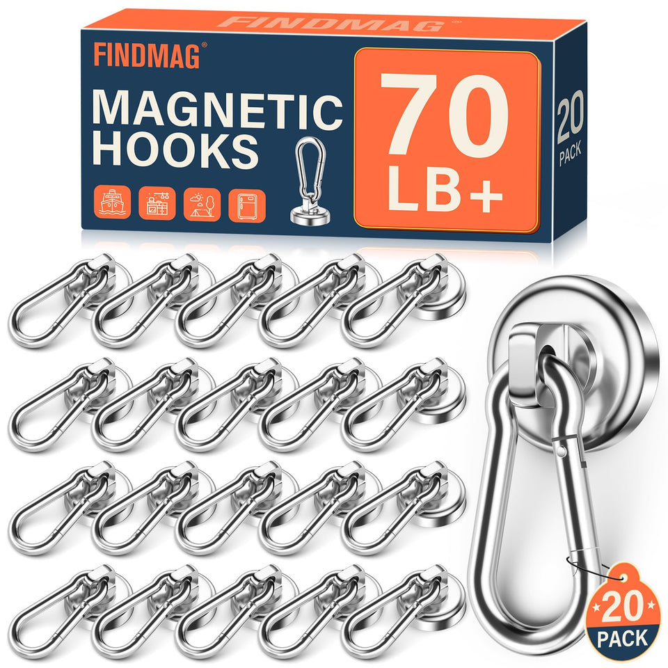 FindMAG magnetic hooks with swivel carabiner for versatile hanging.