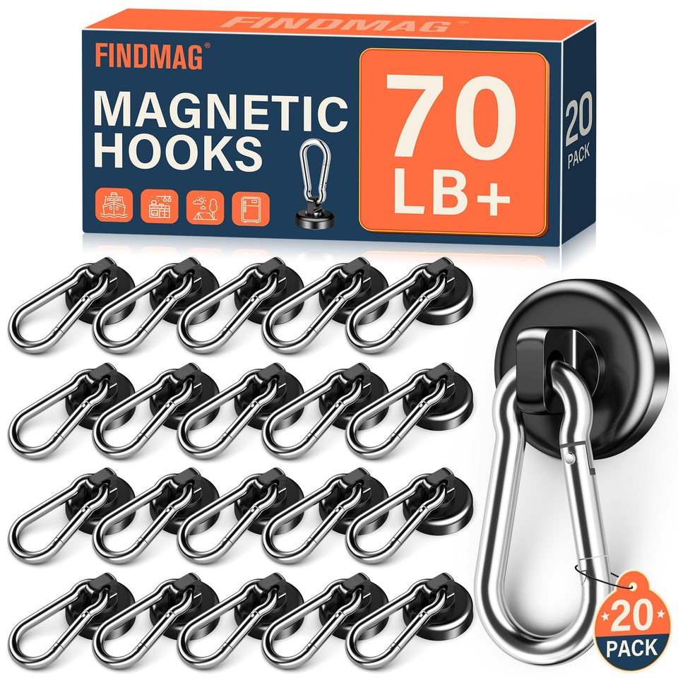 FINDMAG magnetic hooks with swivel carabiner, front view for versatile hanging