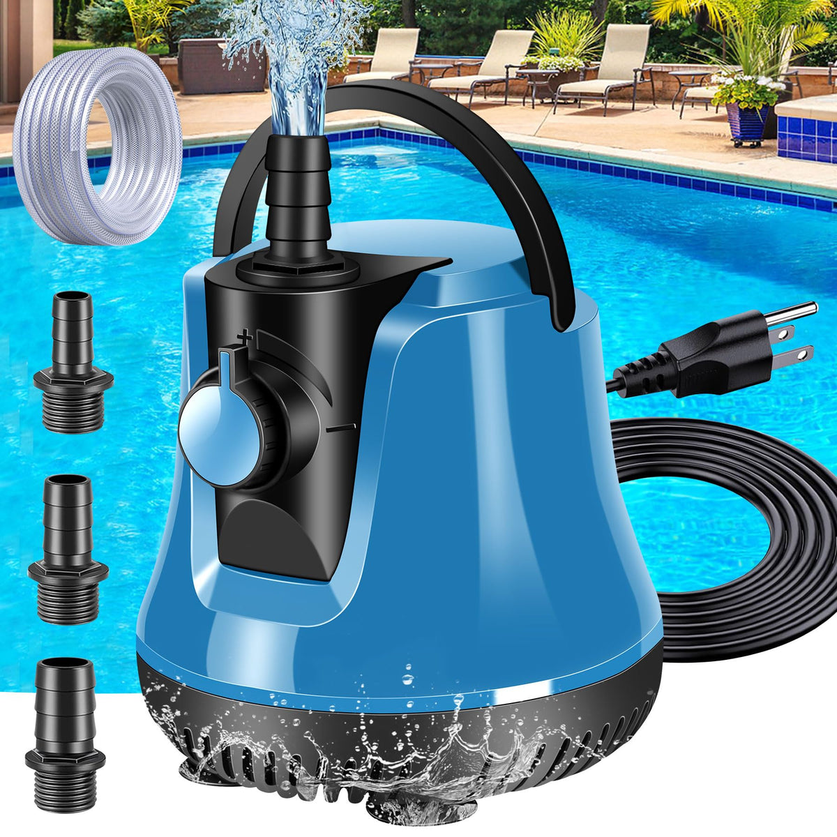 FineBud submersible pump front view showing 950 GPH capability for fast drainage