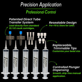 Finish Line Caulk refill kit includes empty barrels and caps for easy refills.