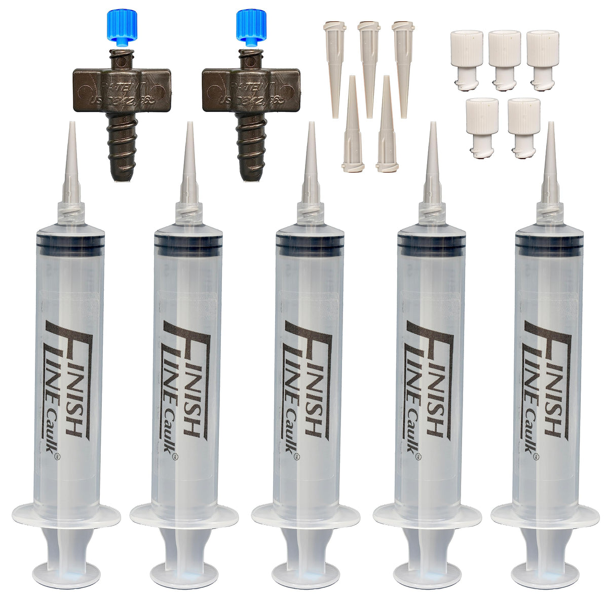Finish Line Caulk precision syringe enables clean lines for baseboards and trim.