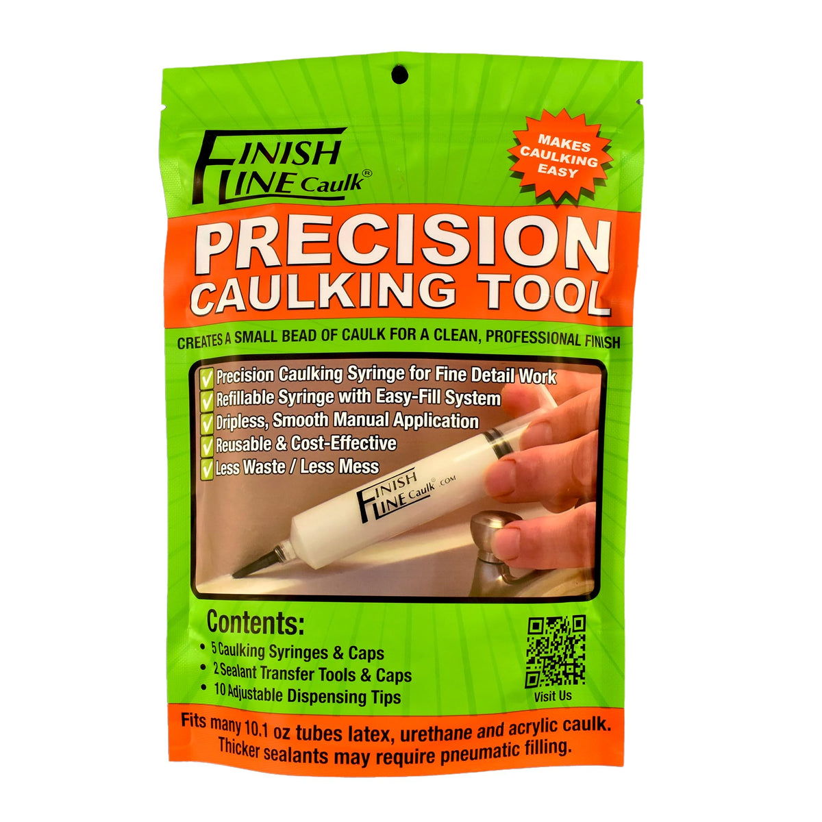 Finish Line Caulk pro-pack tips showcase micro-fine control in narrow seams.