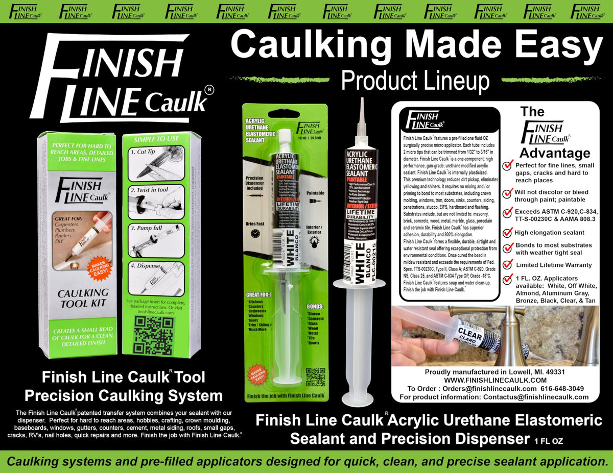 Finish Line Caulk reusable tool supports precision sealing in small spaces.