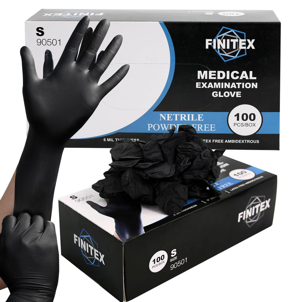 FINITEX black nitrile gloves box of 100 for versatile use.