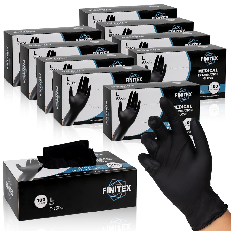 FINITEX Black Nitrile Gloves – front view of case for durable protection.