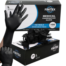 FINITEX black nitrile gloves in a box of 100, durable and latex-free.
