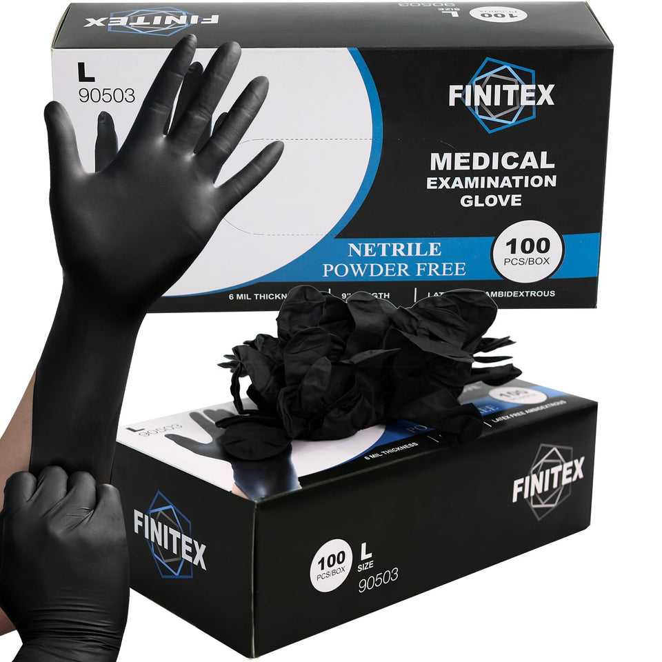 FINITEX black nitrile gloves in a box of 100, durable and latex-free.