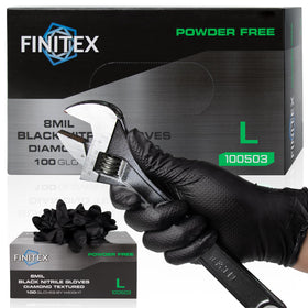 FINITEX heavy-duty black nitrile gloves with diamond texture for superior grip.