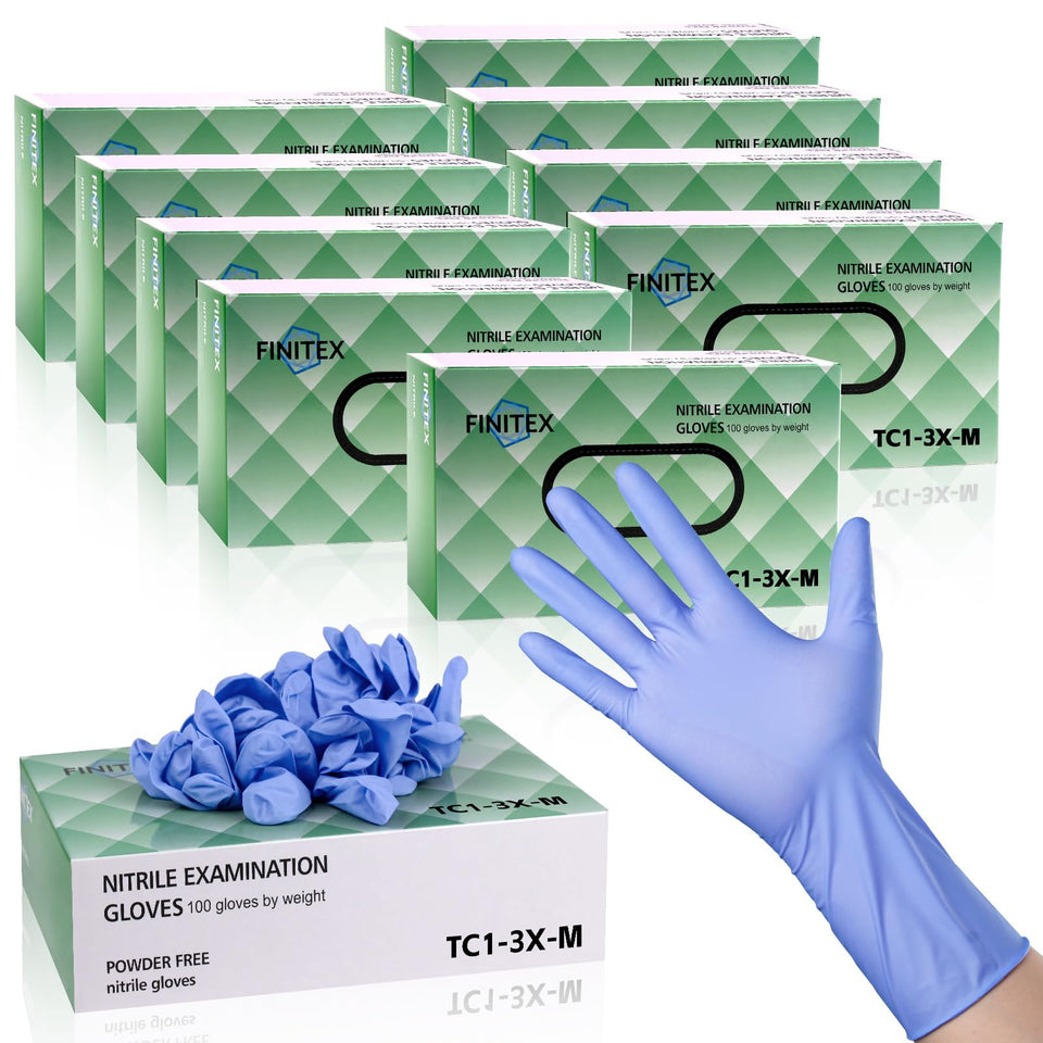 FINITEX nitrile gloves Ice Blue on hand for durable daily protection.