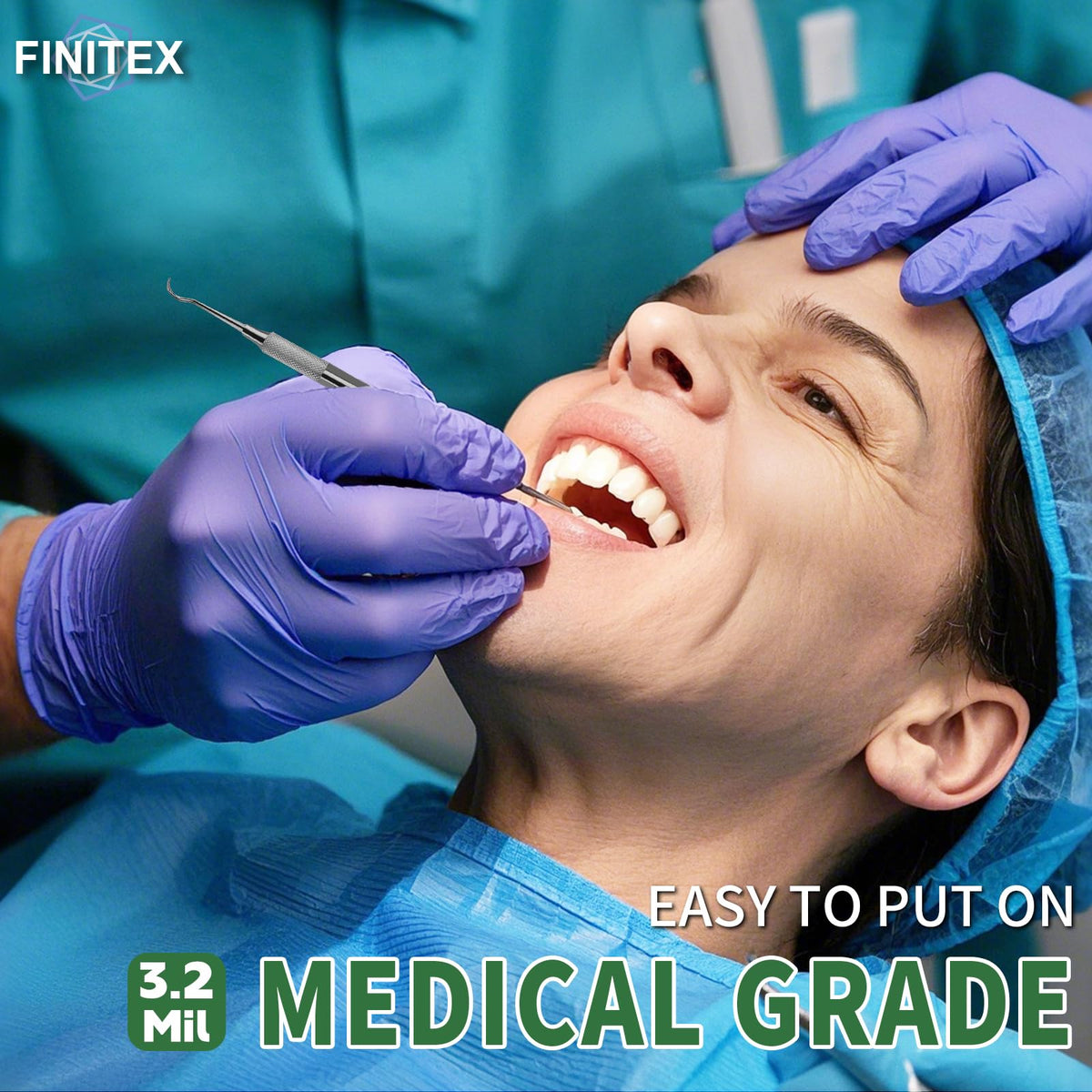 FINITEX nitrile gloves Ice Blue textured fingertips improve grip.