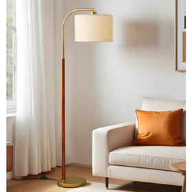 FINNCHY 66-inch walnut gold arc lamp with wood arm for stylish living room lighting.