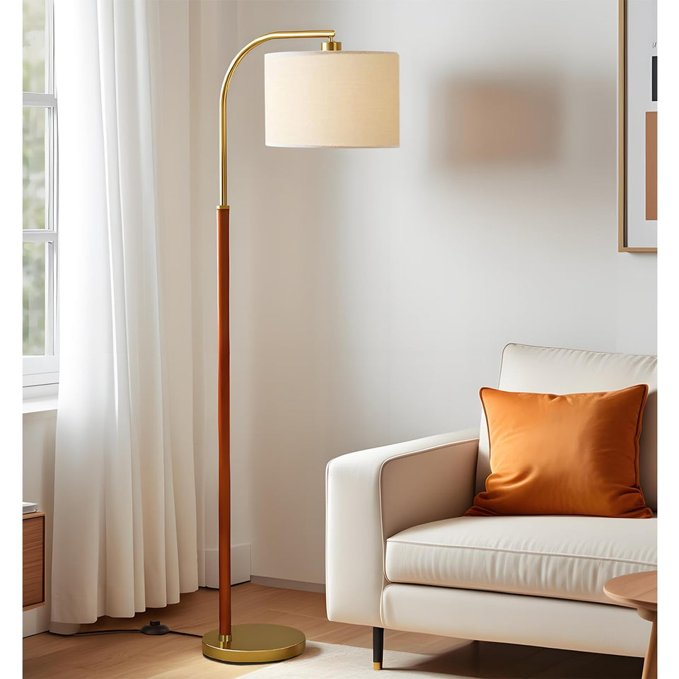 FINNCHY 66-inch walnut gold arc lamp with wood arm for stylish living room lighting.