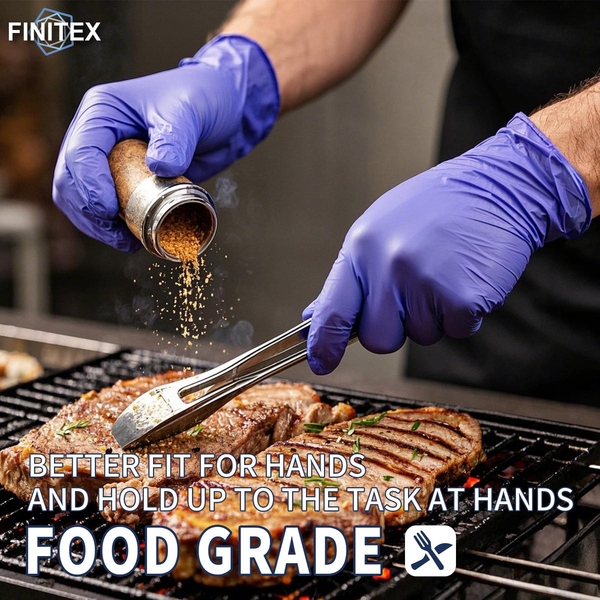 FINITEX nitrile gloves ice blue box highlights 1000-piece supply.