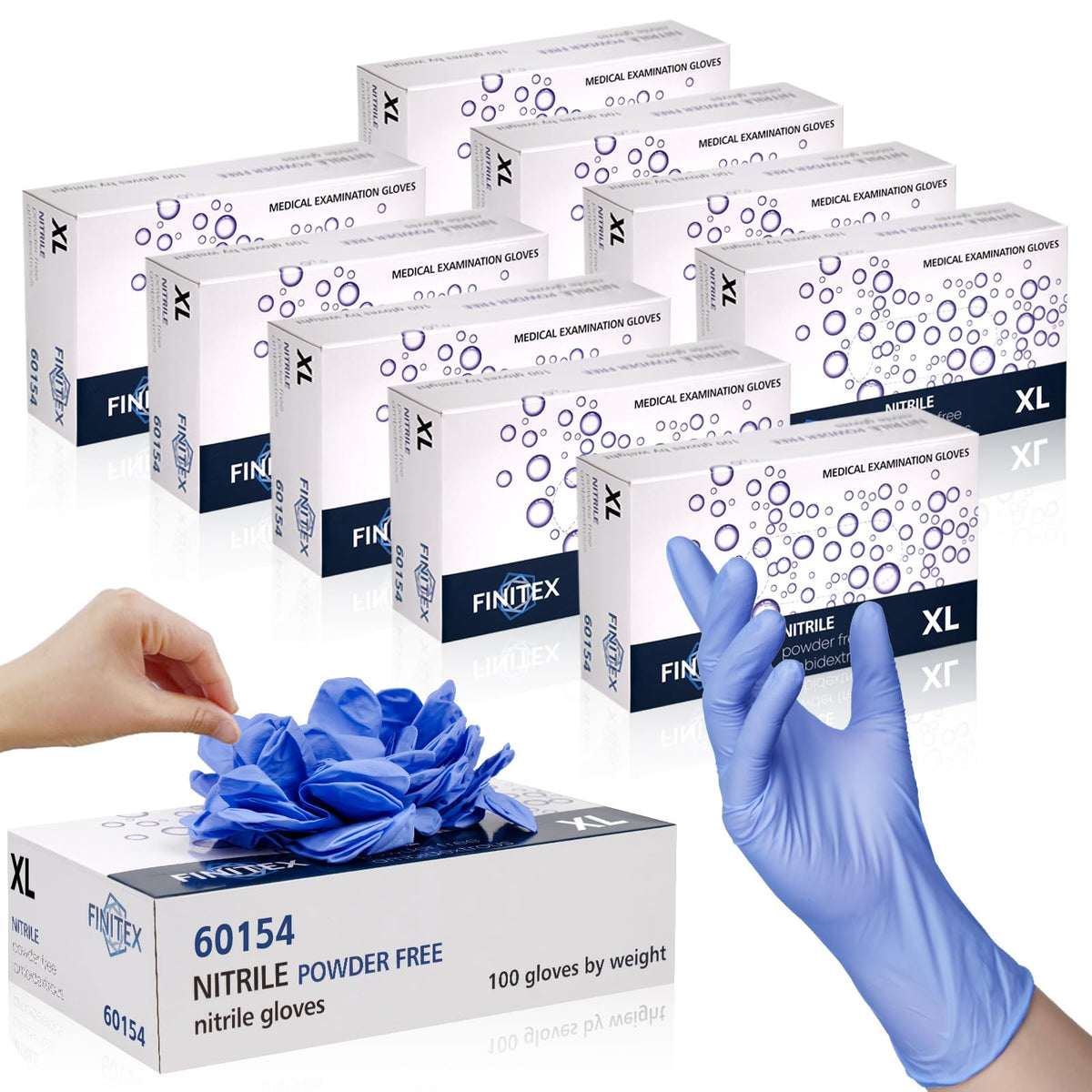 FINITEX nitrile gloves in ice blue packaging for bulk storage.