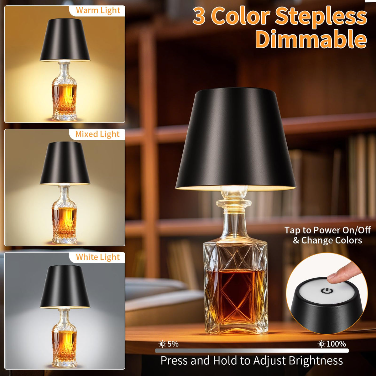 Fintoriel bottle lamp with touch dimming for easy brightness control