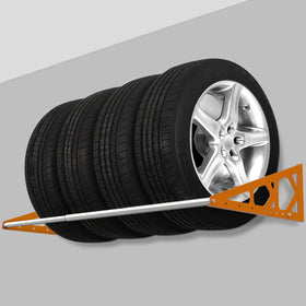 Fioracl orange-finish tire rack seen from the side.