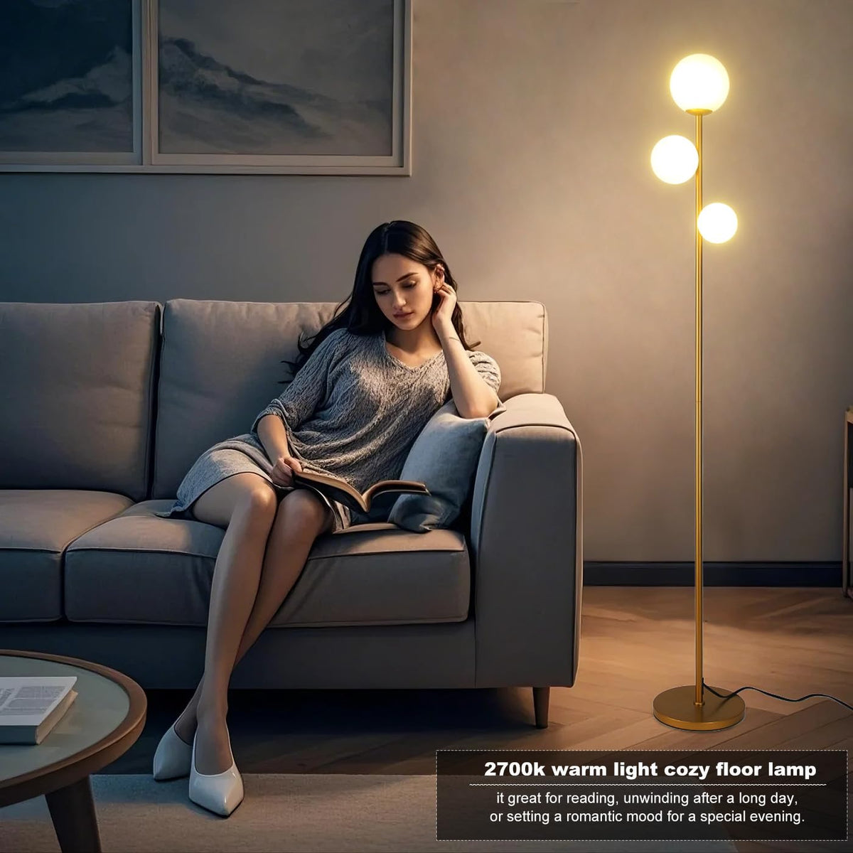 Fiqevs 3-globe floor lamp full view showcases mid-century silhouette and antique brass finish
