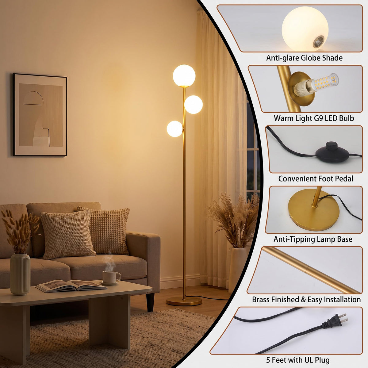 Fiqevs 3-globe floor lamp led bulbs included for immediate use