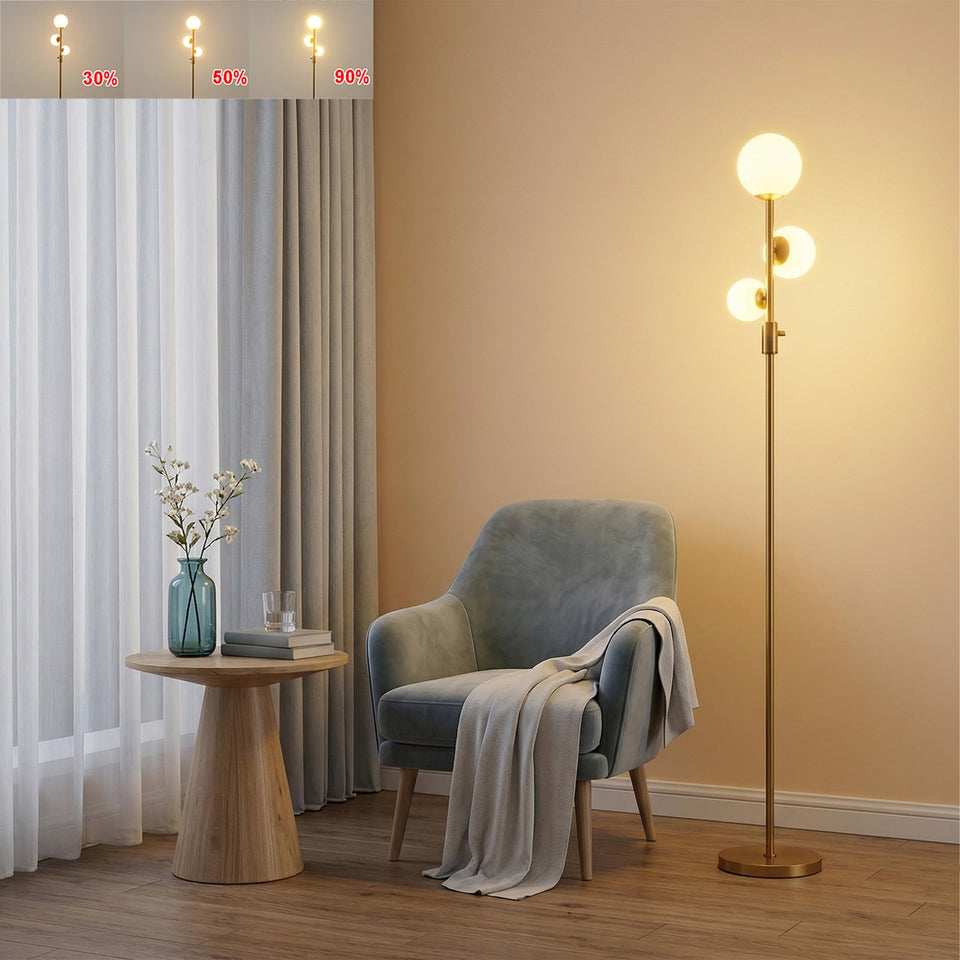 Fiqevs dimmable 3-globe floor lamp with gold-brass accents for elegant living spaces.