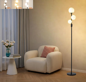 Fiqevs upgraded dimmable three-globe floor lamp with glass shades for cozy living room ambiance