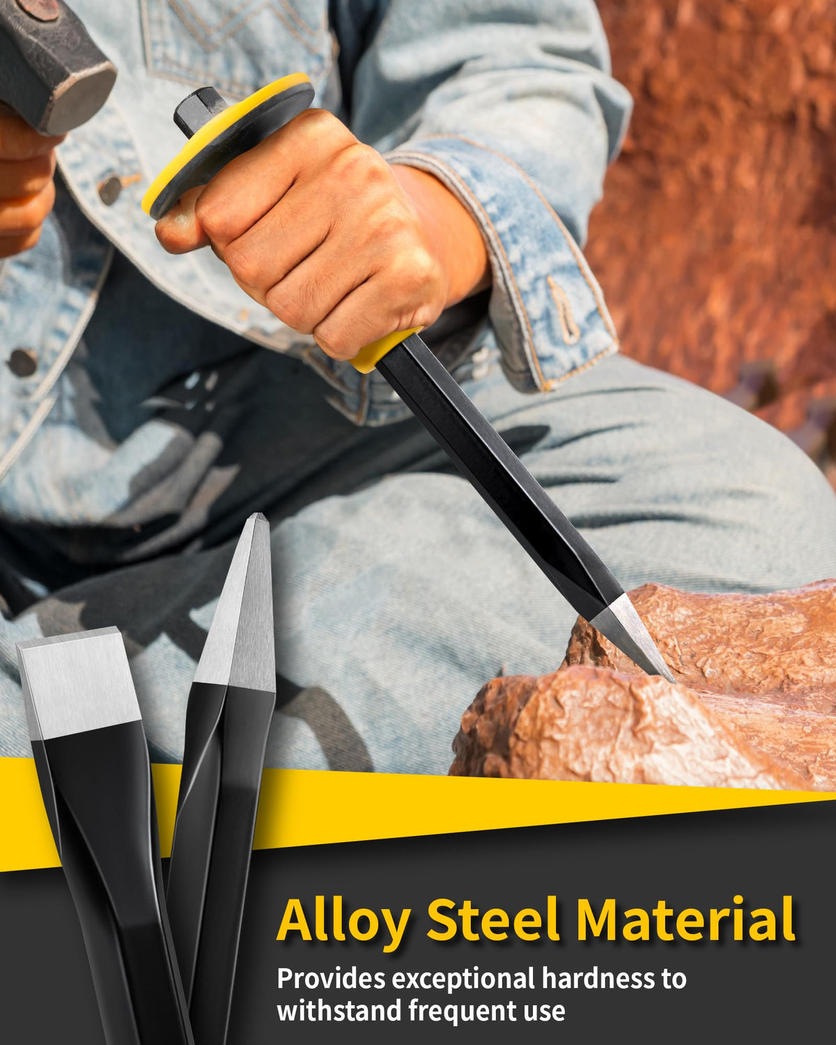 Firecore rock chisel rubber handle showing non-slip, comfortable grip for heavy use.