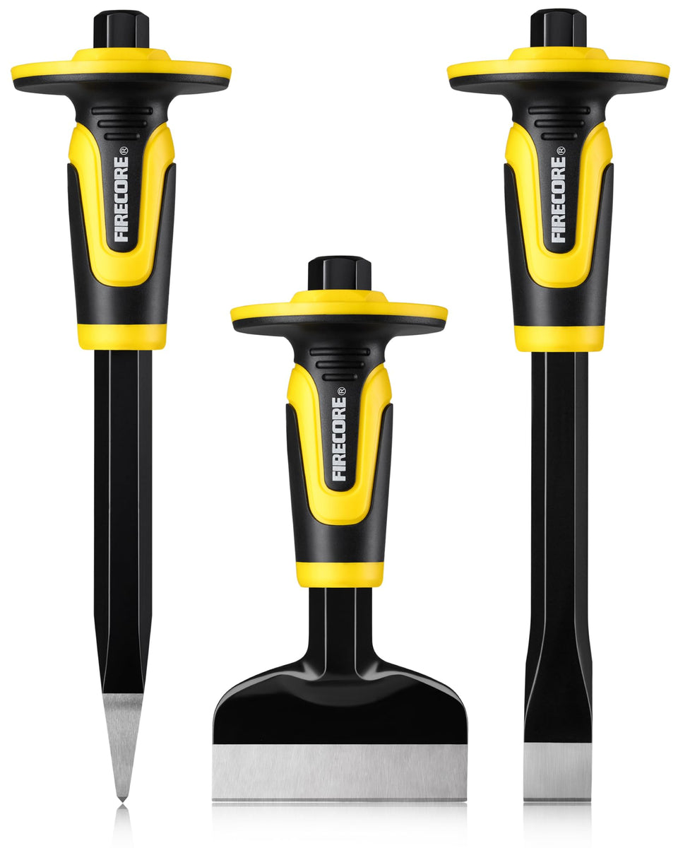 Firecore rock chisel set with heavy-duty construction shown for concrete surfaces.