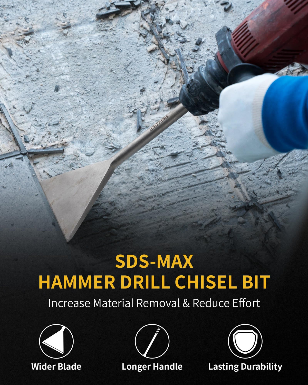 Firecore chisel handles concrete and mortar debris for clean breaks.
