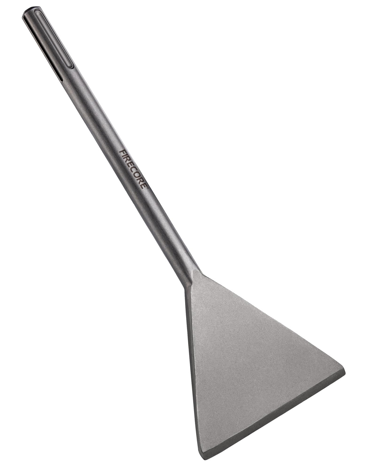 Firecore SDS Max chisel with flat-shovel tip for tile removal on floors.