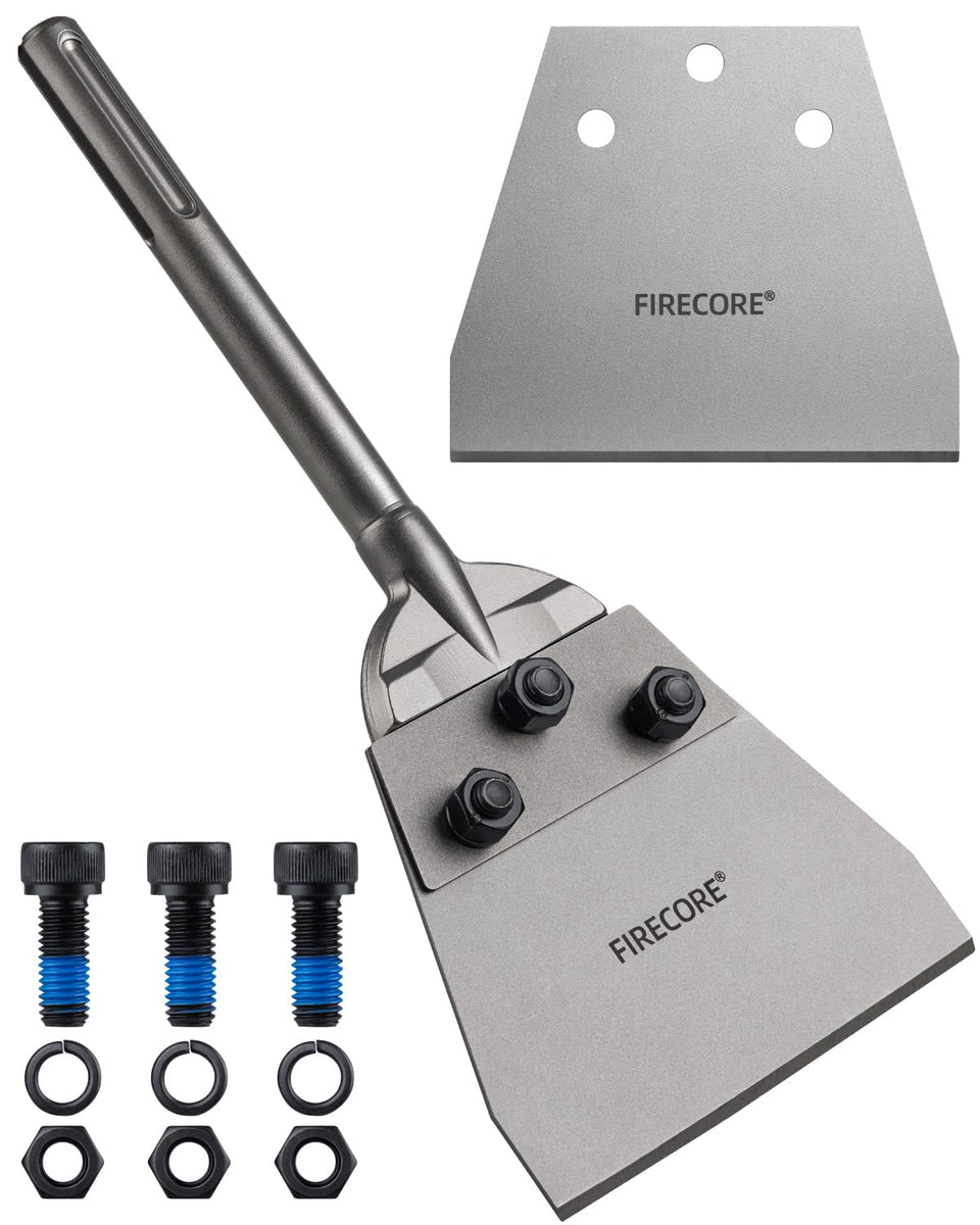 Firecore SDS Max floor scraper with five point five inch blade for rapid tile and adhesive removal