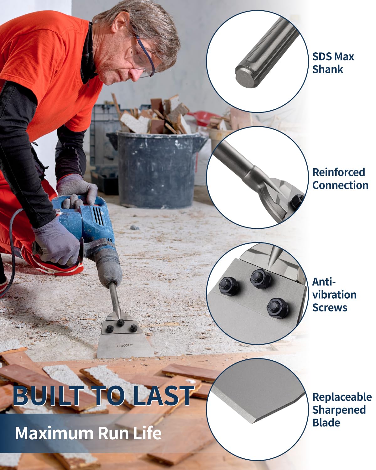 Firecore SDS Max floor scraper with twelve point five inch length for extended reach on floors
