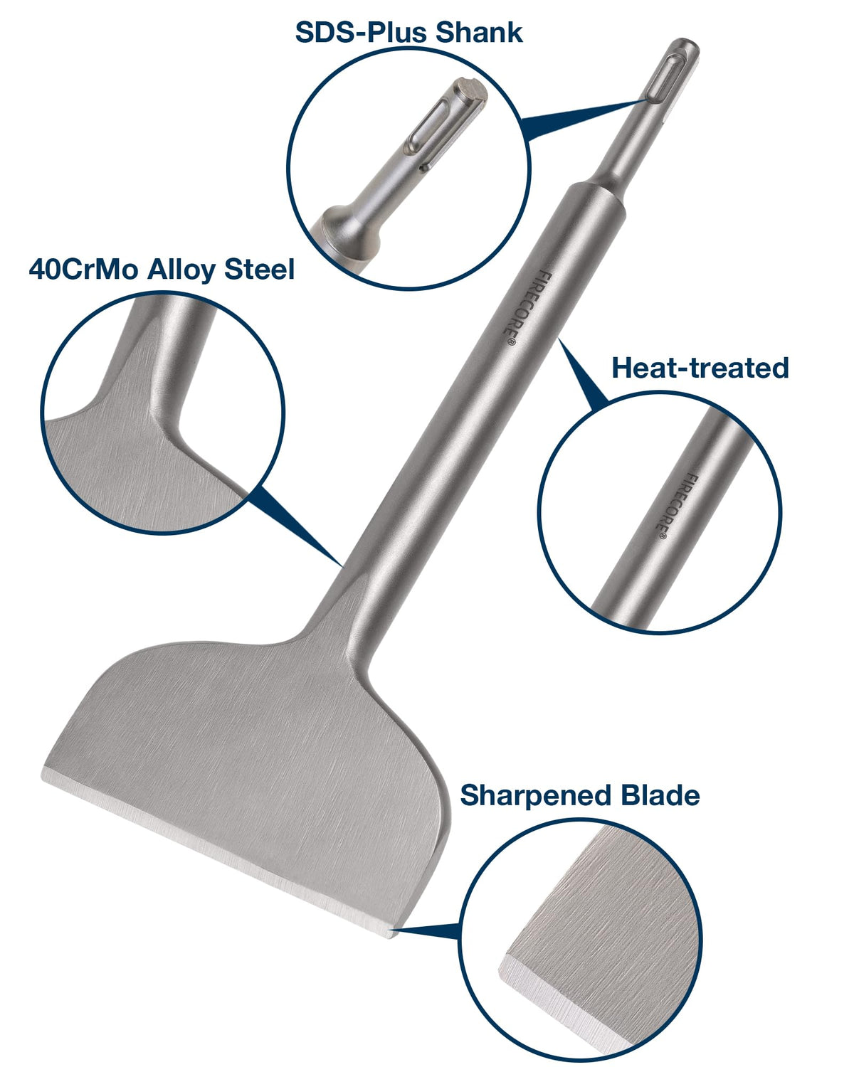 Firecore SDS Plus chisel side view highlights compatibility with common rotary hammers