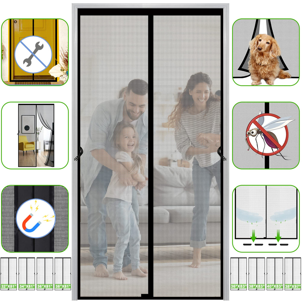Firguny magnetic screen door demonstrates full-width closure for hands-free entry