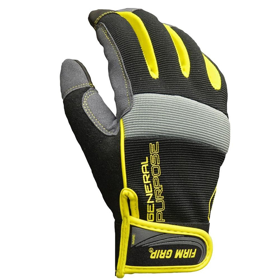 Firm Grip Large General Purpose Gloves on a workbench showing durable grip for safe handling.