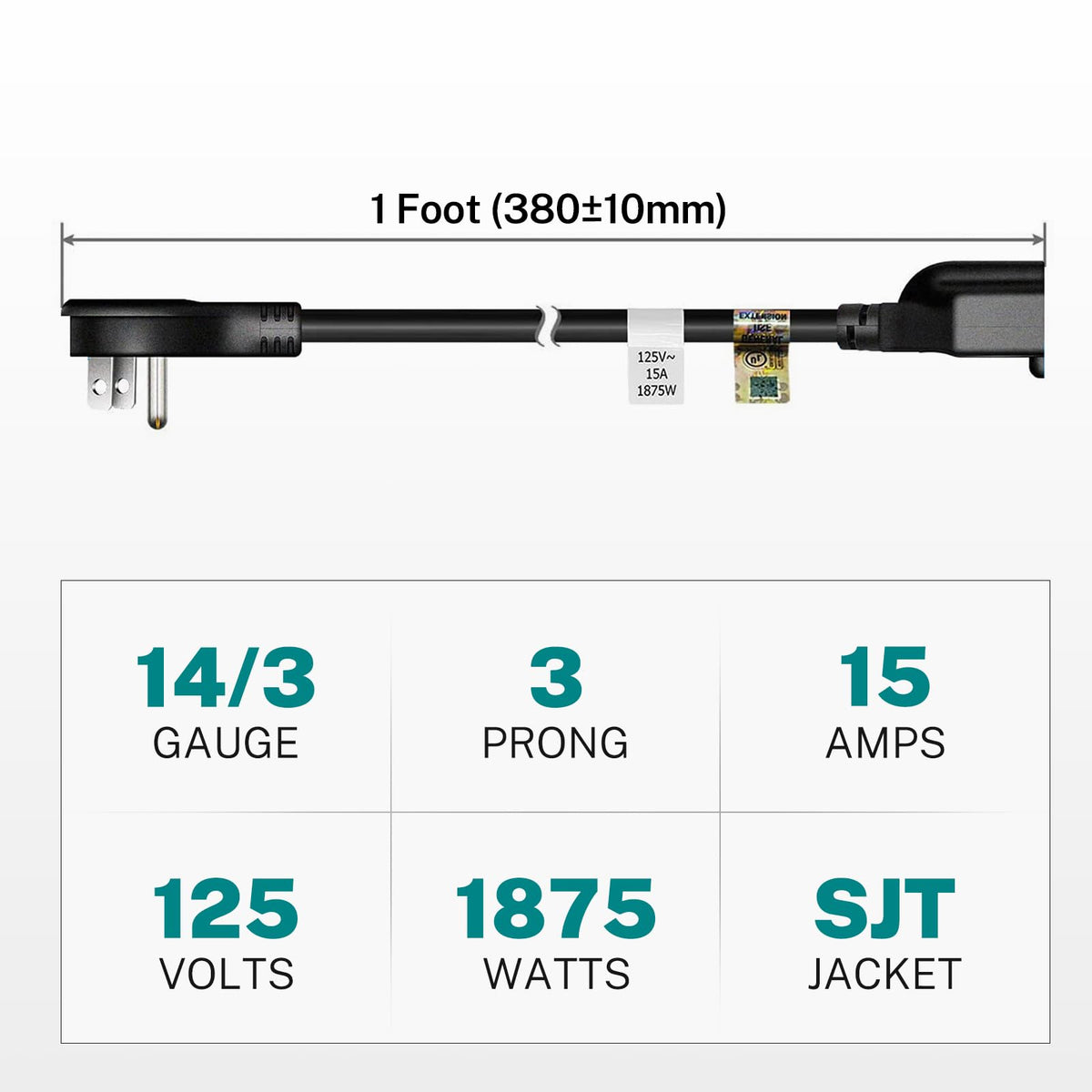 FIRMERST 14AWG heavy-duty cord with thicker conductors for durable power.