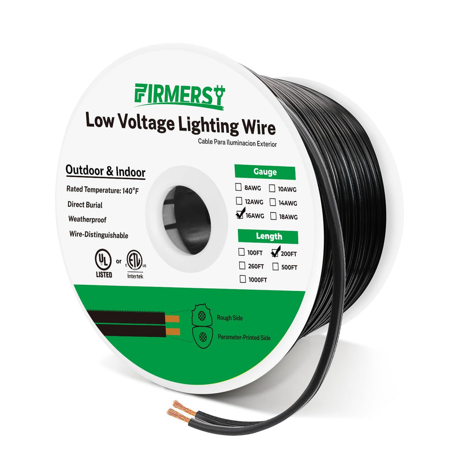 FIRMERST 16/2 low-voltage cable on a 200 ft spool for garden lighting.