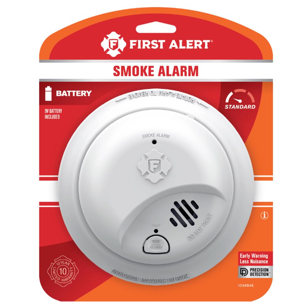 First Alert RV smoke alarm back view shows compact, battery-powered unit
