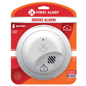 First Alert RV smoke alarm back view shows compact, battery-powered unit