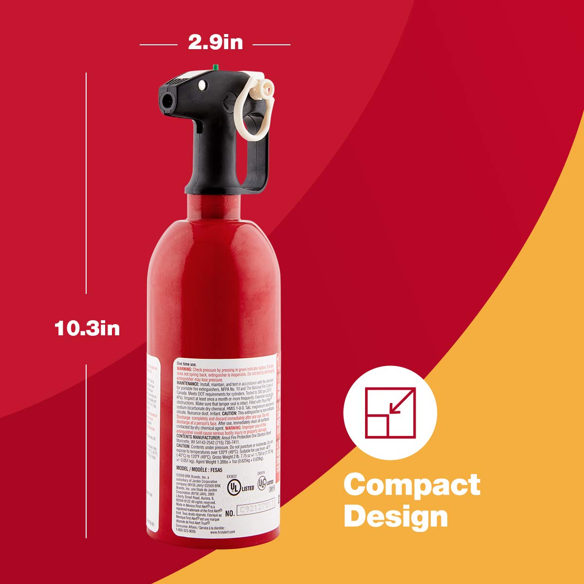 First Alert Auto5 compact extinguisher stored in vehicle trunk for easy access