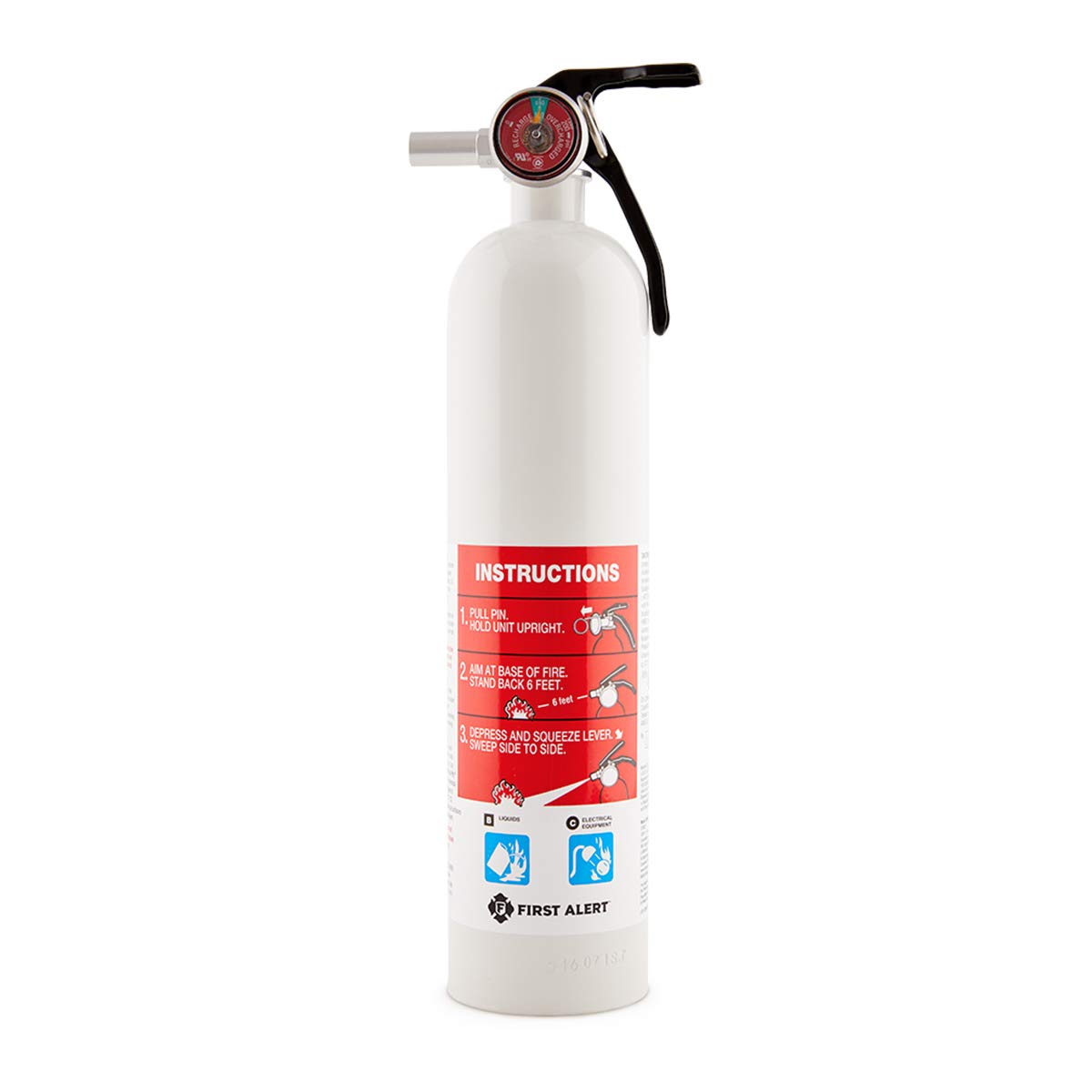 First Alert AUTOMAR10 extinguisher metal head for reliable marine fire protection.