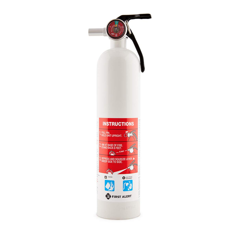 First Alert AUTOMAR10 extinguisher metal head for reliable marine fire protection.