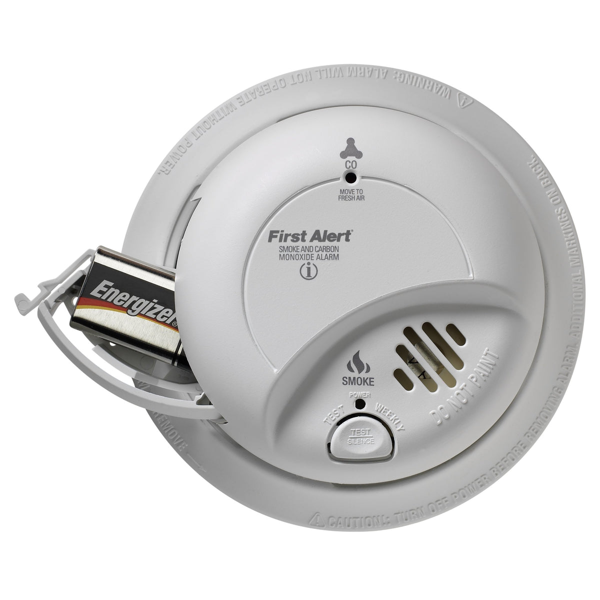 First Alert BRK SC-9120B battery backup illustration highlighting 9V battery