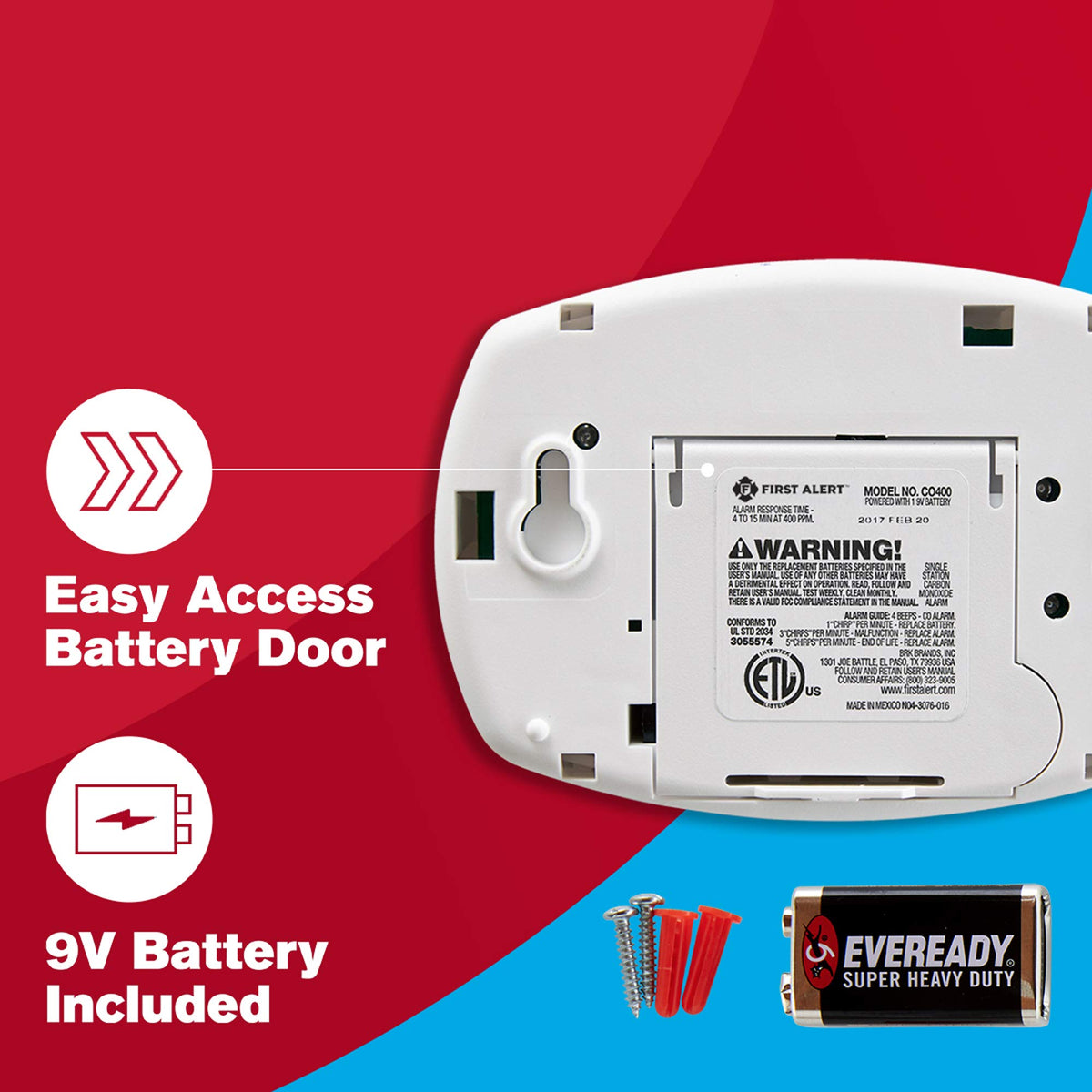 First Alert CO400-3 battery compartment accessible for simple battery changes.
