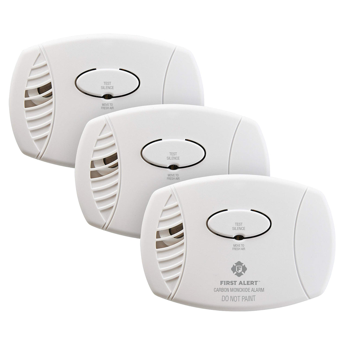 First Alert CO400-3 detector front view with test button for quick verification.
