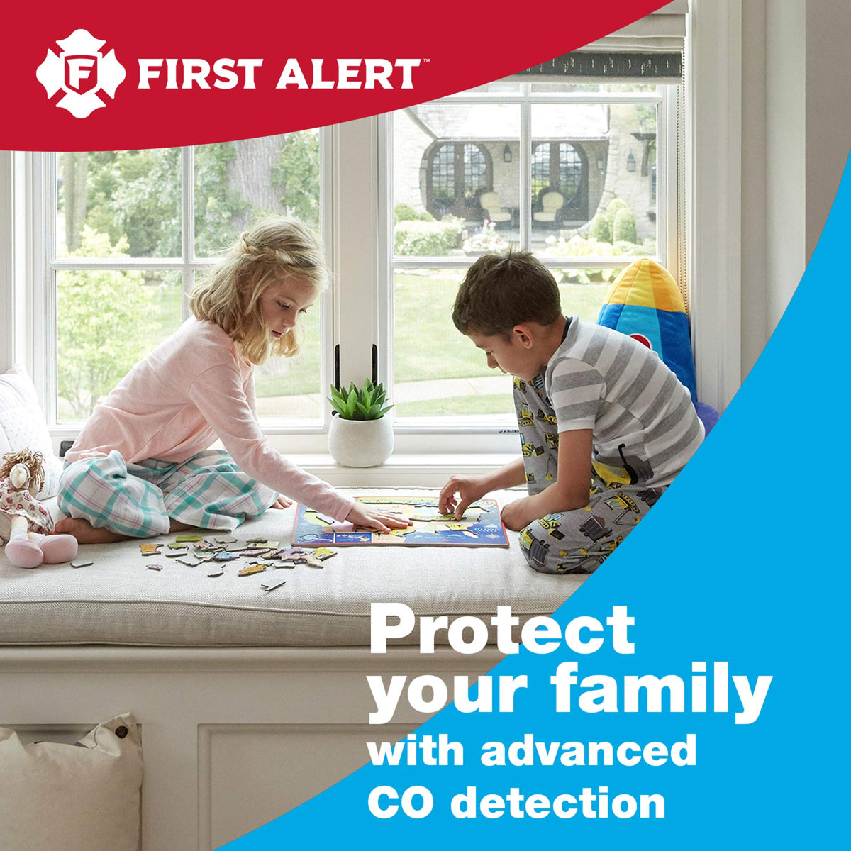 First Alert CO710 back view, discreet home safety device on a dresser.